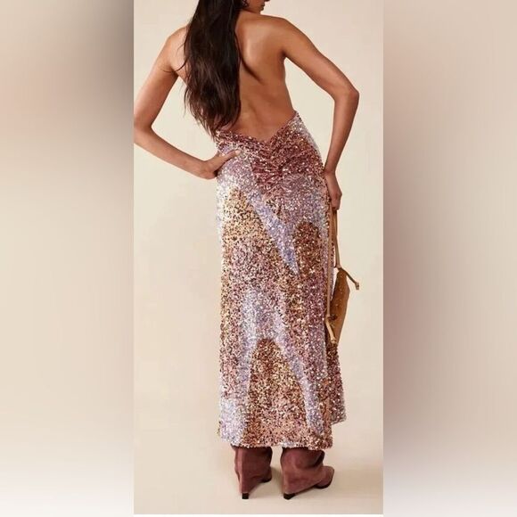 FREE PEOPLE Pink Velvet Sequin Party Dress Midi Maxi Halter Neck Size Medium New - Picture 4 of 15